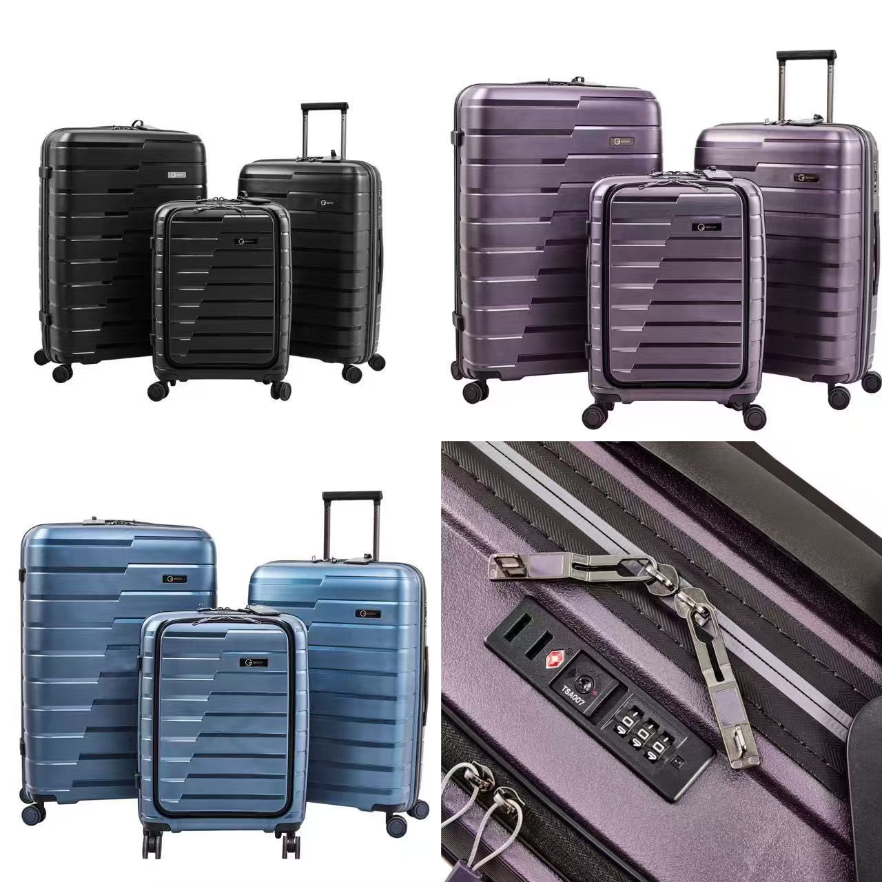 Black, purple, and blue O3 suitcase sets with TSA lock detail