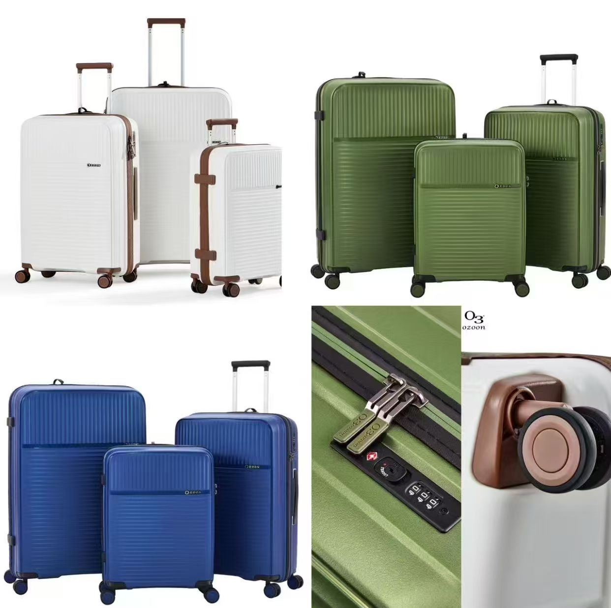 White, green, and blue O3 suitcase sets with wheel and lock details