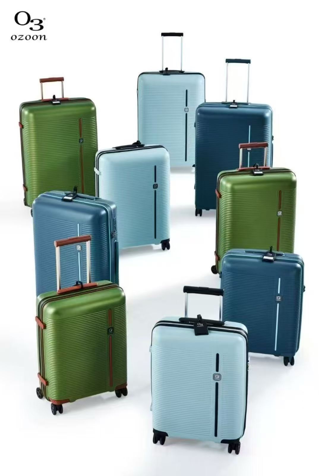 Green, navy, and light blue O3 suitcase collection